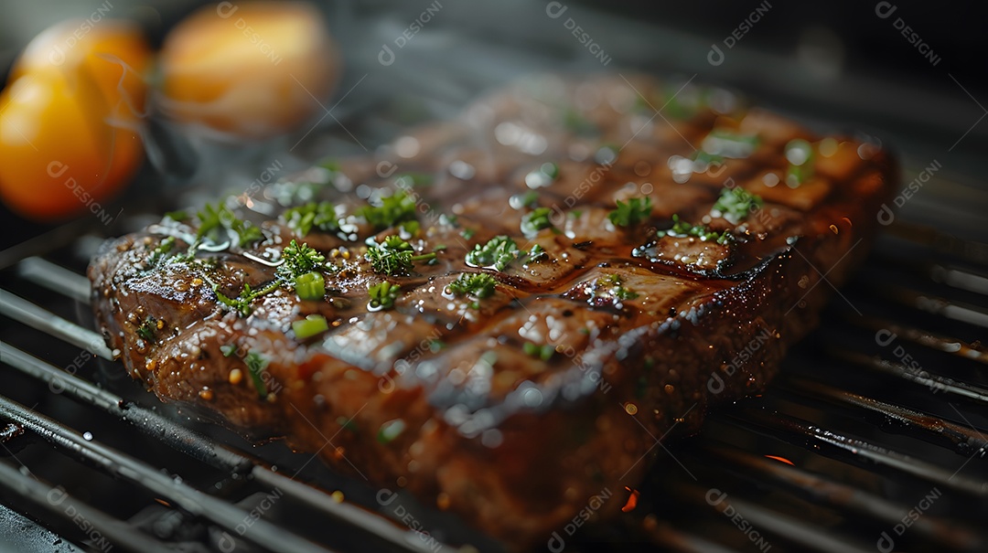 Deliciosa carne grelhada sobre uma mesa de madeira