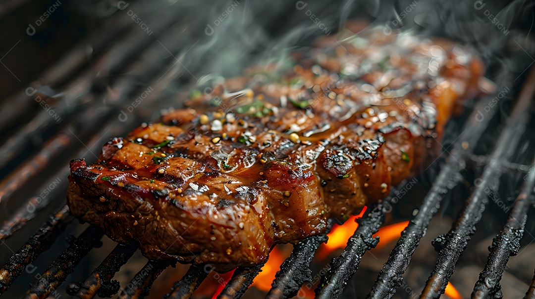 Deliciosa carne grelhada sobre uma mesa de madeira