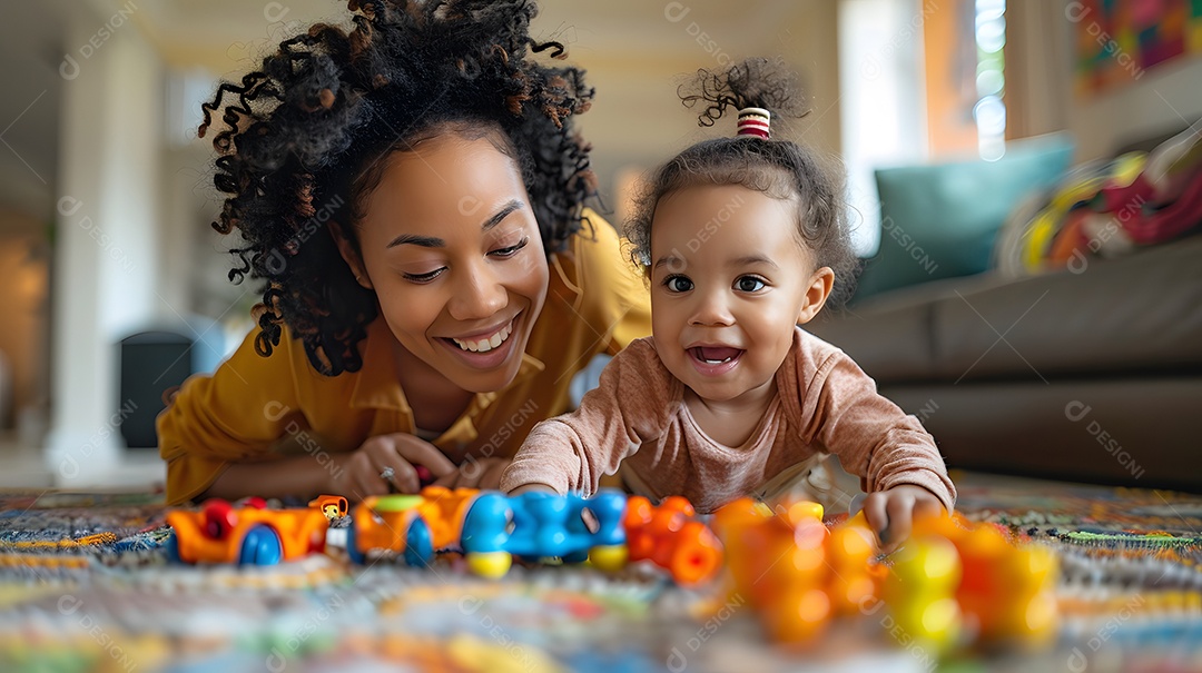 Uma mãe e uma criança brincando juntas com brinquedos no chão da sala de estar