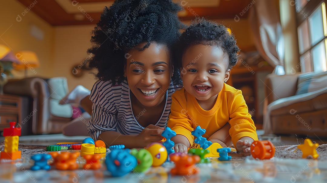 Uma mãe e uma criança brincando juntas com brinquedos no chão da sala de estar