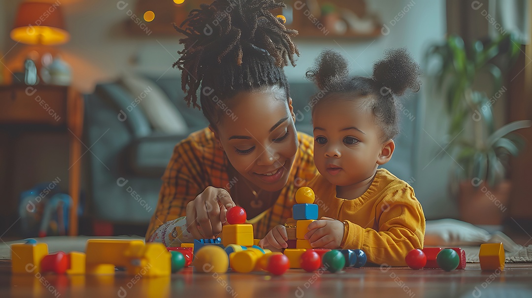 Uma mãe e uma criança brincando juntas com brinquedos no chão da sala de estar