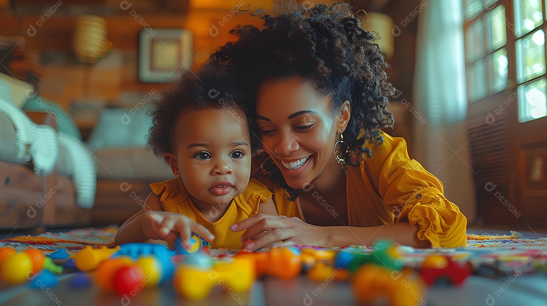 Uma mãe e uma criança brincando juntas com brinquedos no chão da sala de estar