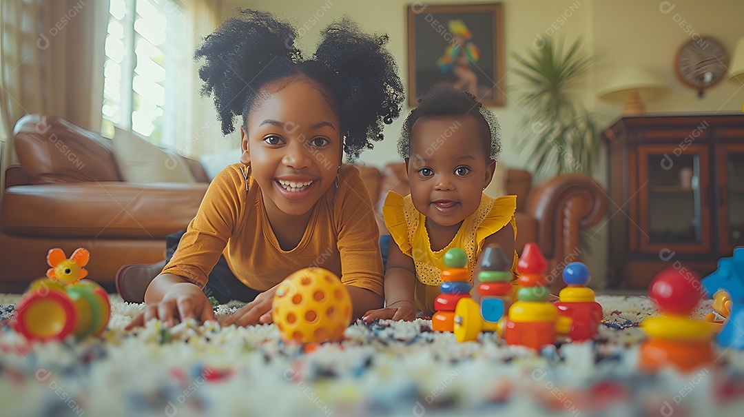 Uma mãe e uma criança brincando juntas com brinquedos no chão da sala de estar