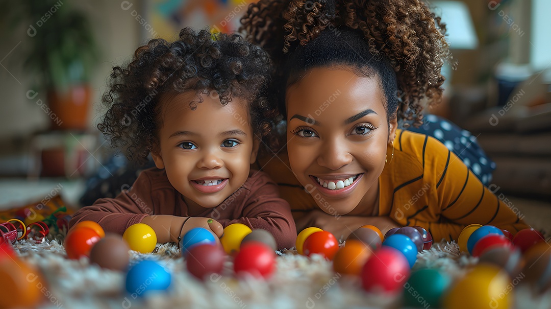 Uma mãe e uma criança brincando juntas com brinquedos no chão da sala de estar