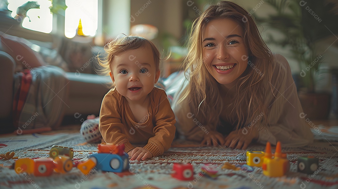 Uma mãe e uma criança brincando juntas com brinquedos no chão da sala de estar