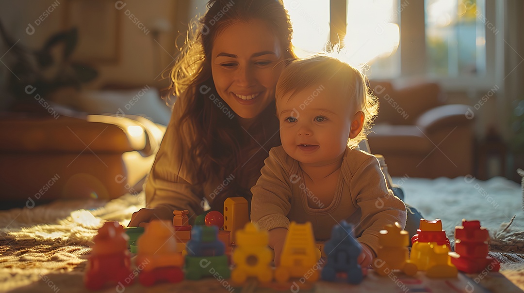 Uma mãe e uma criança brincando juntas com brinquedos no chão da sala de estar