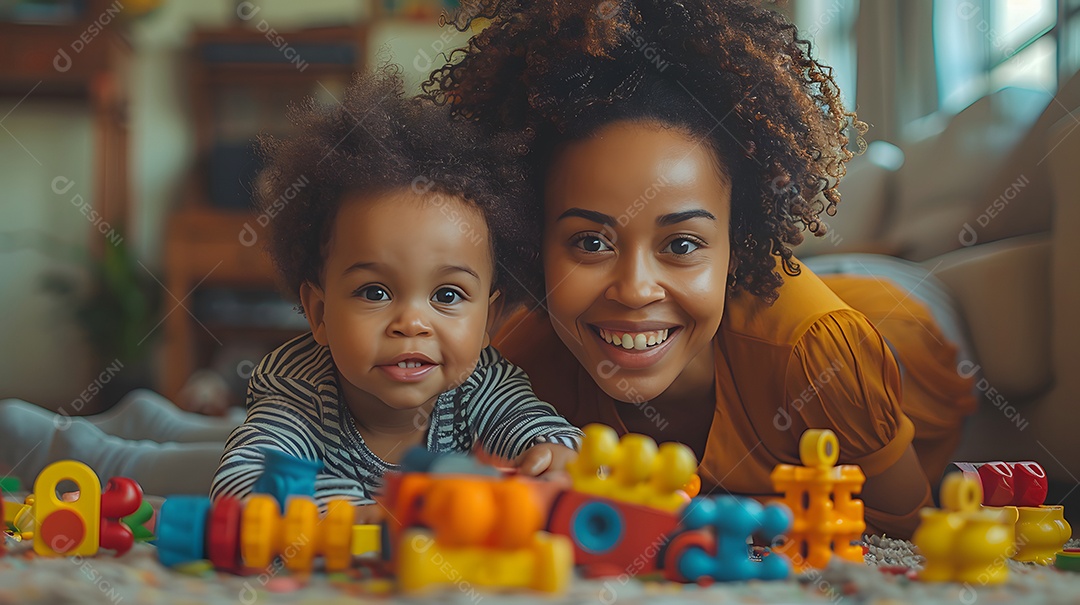 Uma mãe e uma criança brincando juntas com brinquedos no chão da sala de estar