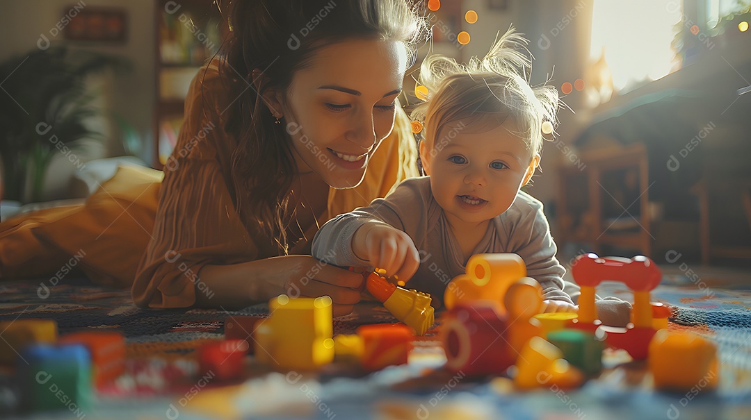 Uma mãe e uma criança brincando juntas com brinquedos no chão da sala de estar