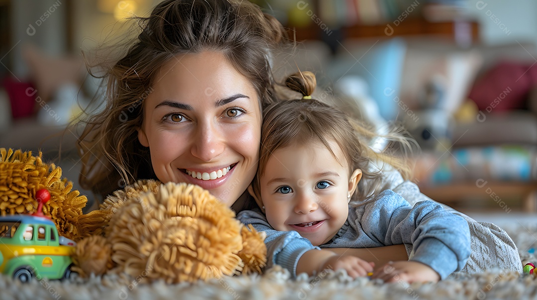 Uma mãe e uma criança brincando juntas com brinquedos no chão da sala de estar