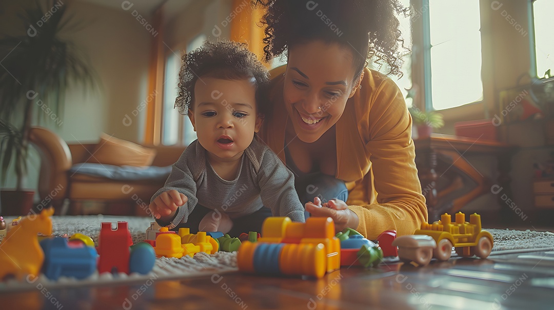 Uma mãe e uma criança brincando juntas com brinquedos no chão da sala de estar