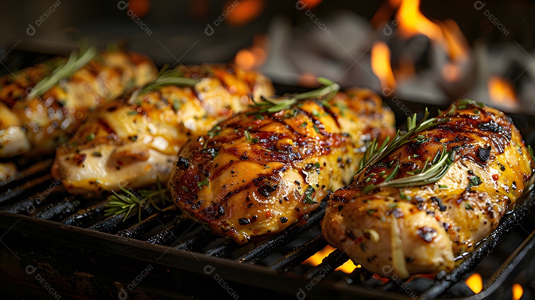 Delicioso frango grelhado sobre uma churrasqueira