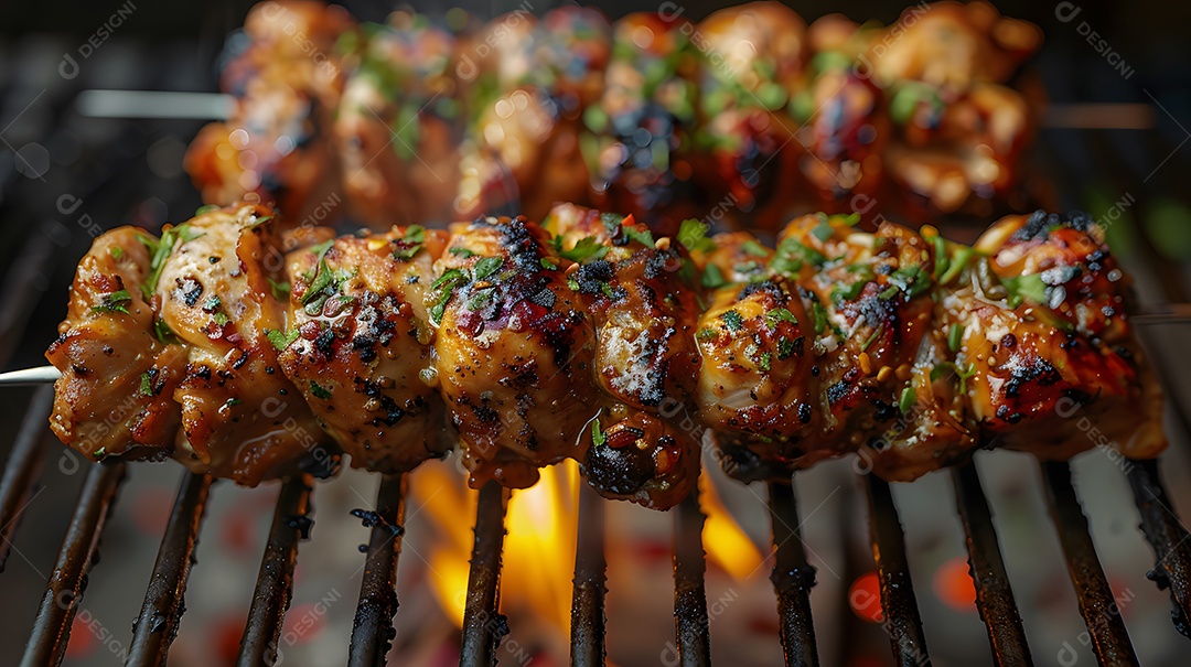 Delicioso frango grelhado sobre uma churrasqueira