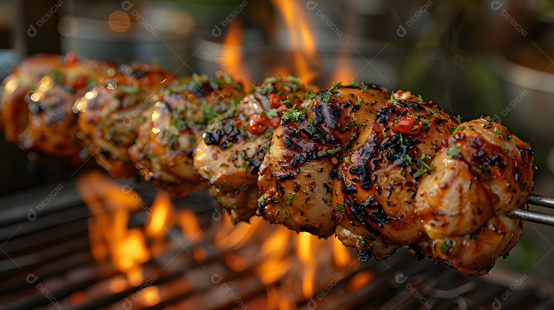 Delicioso frango grelhado sobre uma churrasqueira