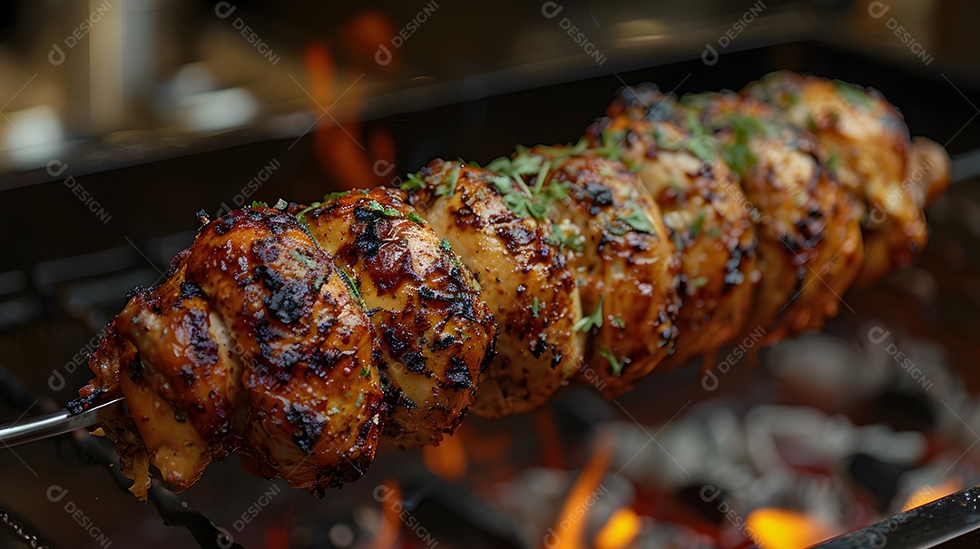 Delicioso frango grelhado sobre uma churrasqueira