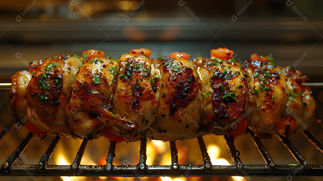 Delicioso frango grelhado sobre uma churrasqueira