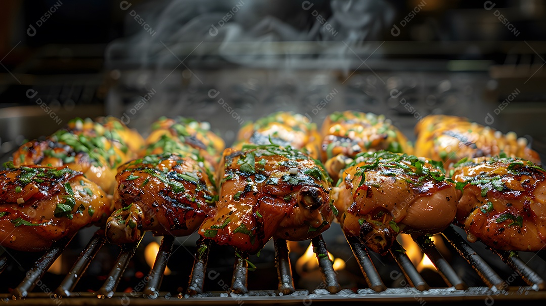 Delicioso frango grelhado sobre uma churrasqueira