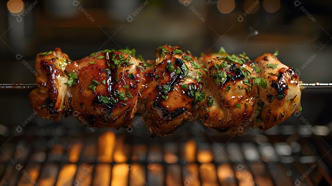 Delicioso frango grelhado sobre uma churrasqueira