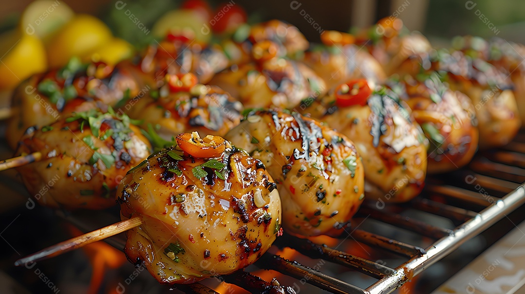 Delicioso frango grelhado sobre uma churrasqueira