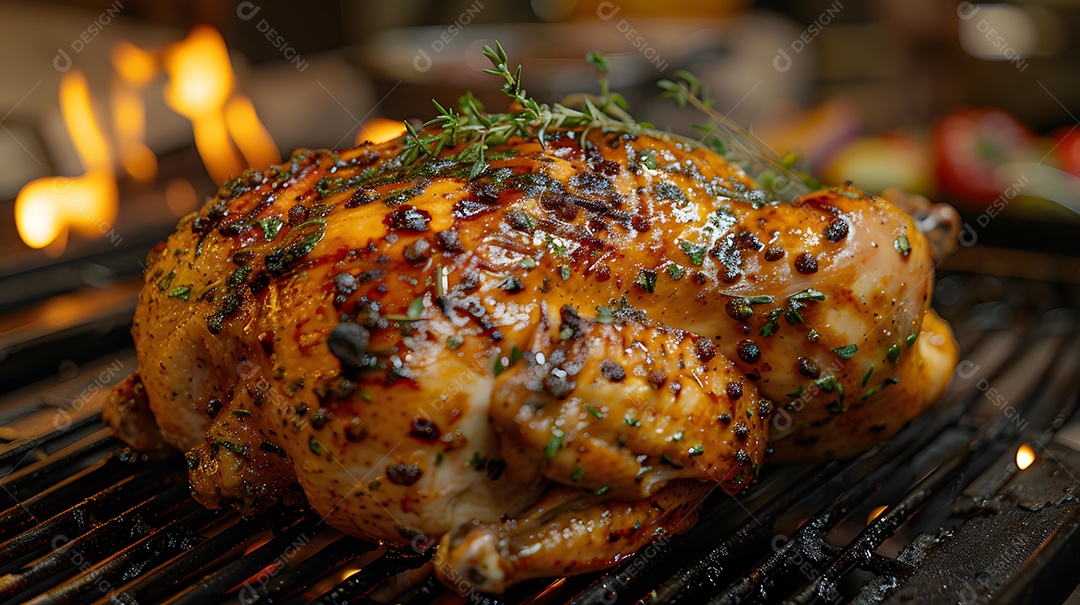 Delicioso frango grelhado sobre uma churrasqueira