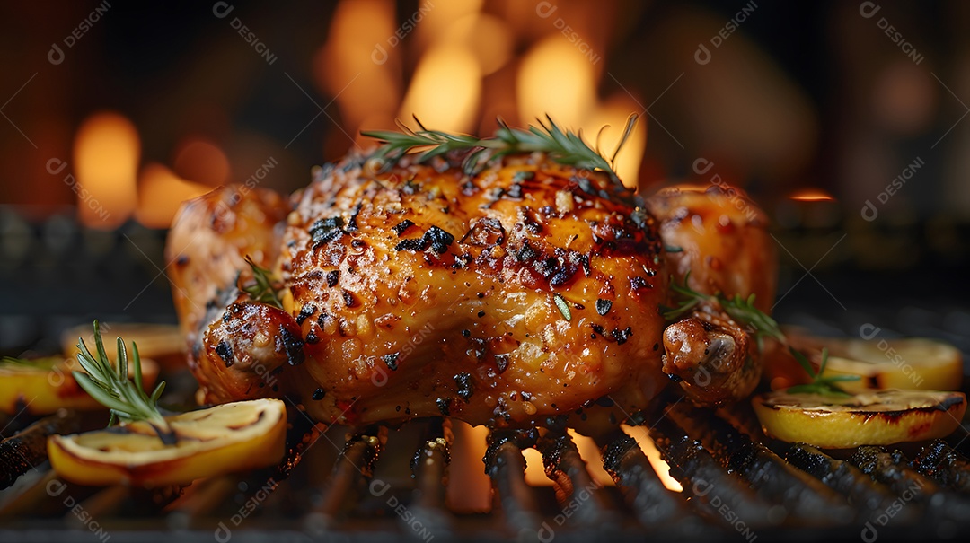 Delicioso frango grelhado sobre uma churrasqueira