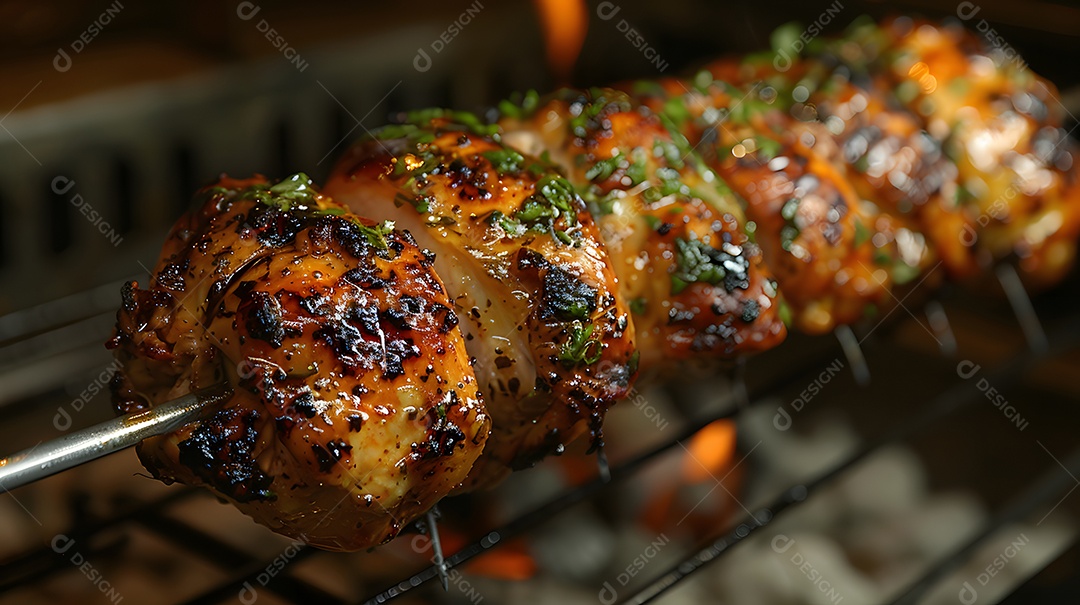 Delicioso frango grelhado sobre uma churrasqueira