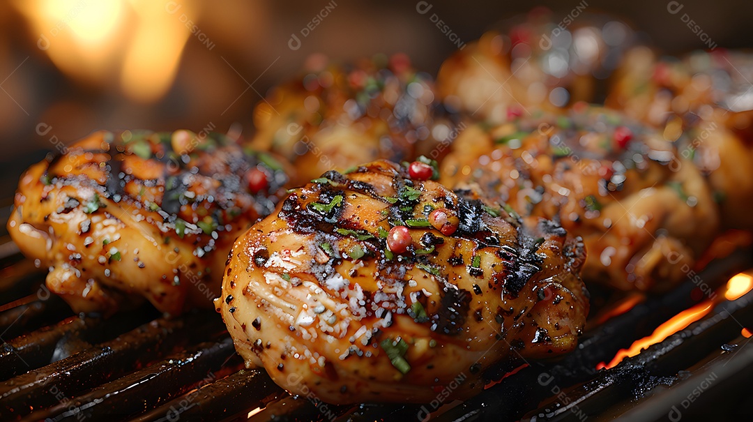 Delicioso frango grelhado sobre uma churrasqueira