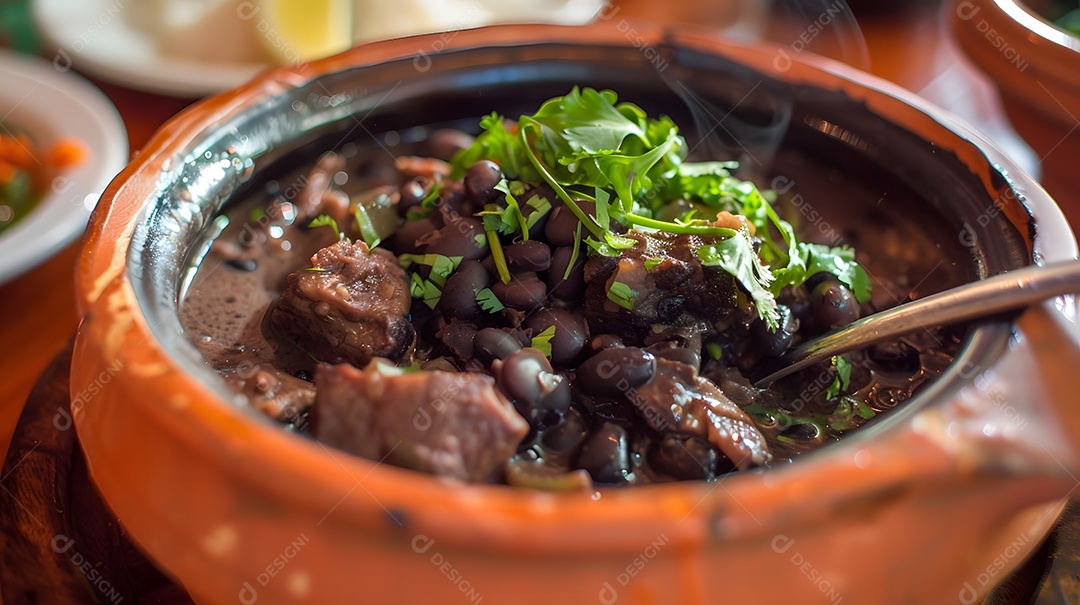 Deliciosa feijoada sobre uma mesa de madeira