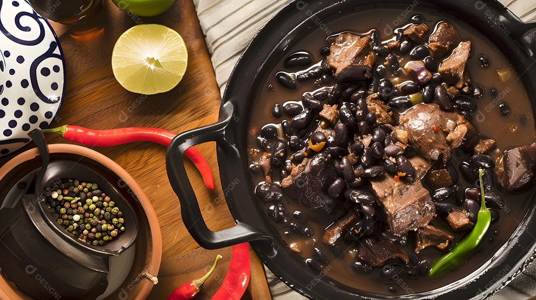 Deliciosa feijoada sobre uma mesa de madeira