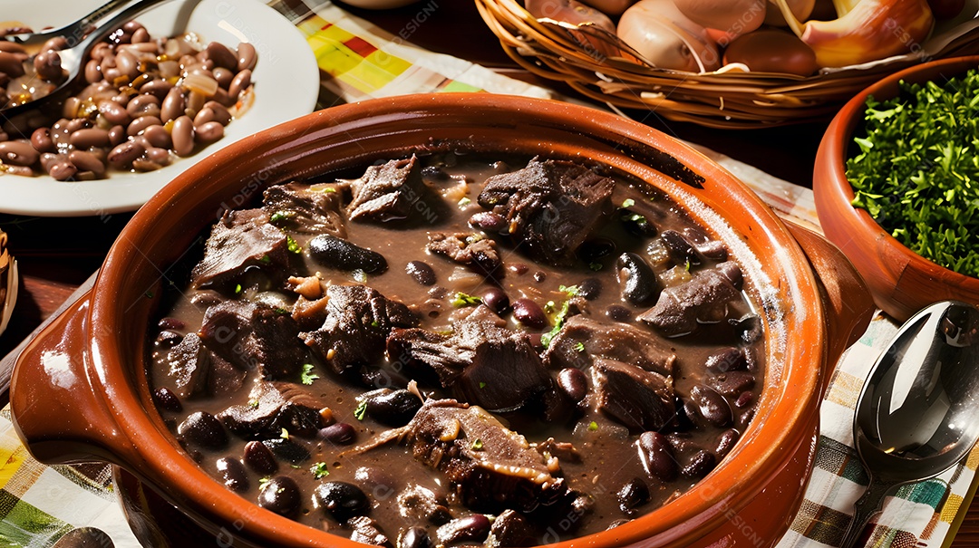 Deliciosa feijoada sobre uma mesa de madeira