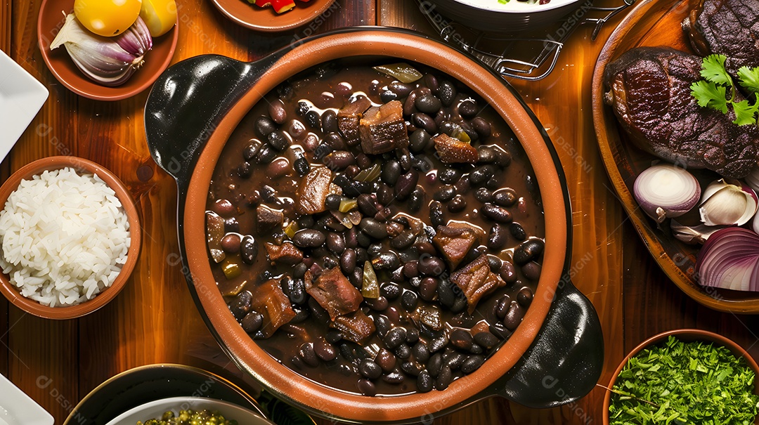 Deliciosa feijoada sobre uma mesa de madeira