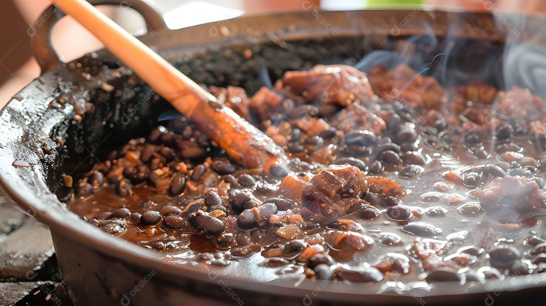 Deliciosa feijoada sobre uma mesa de madeira