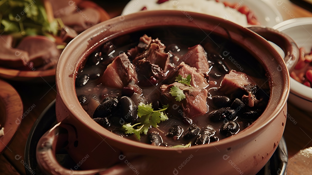 Deliciosa feijoada sobre uma mesa de madeira