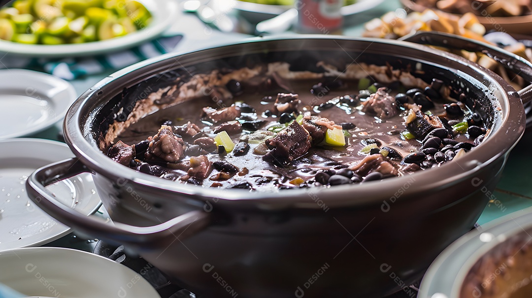 Deliciosa feijoada sobre uma mesa de madeira