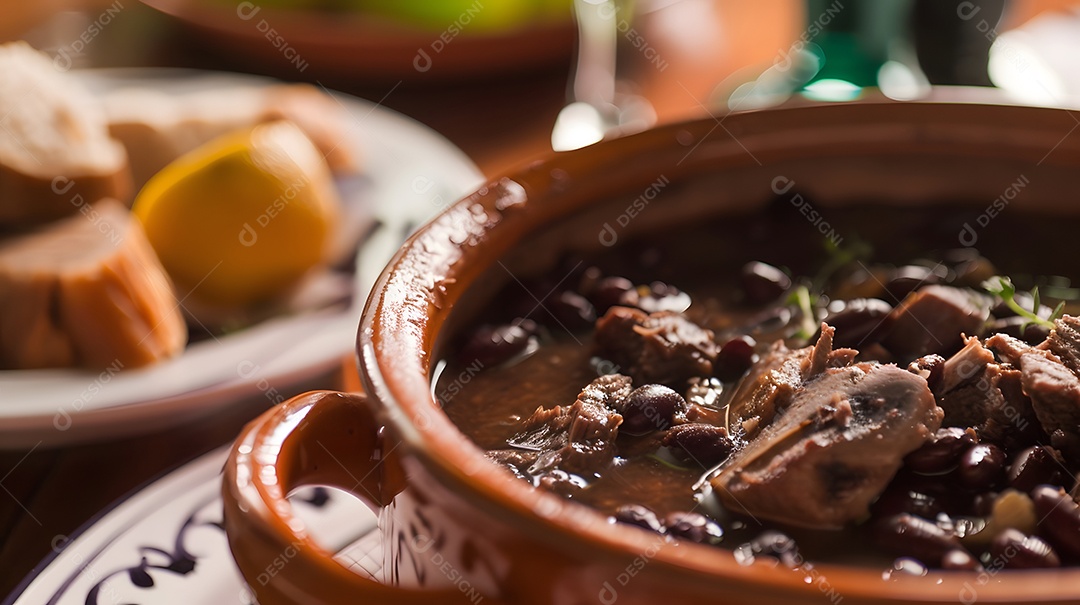 Deliciosa feijoada sobre uma mesa de madeira