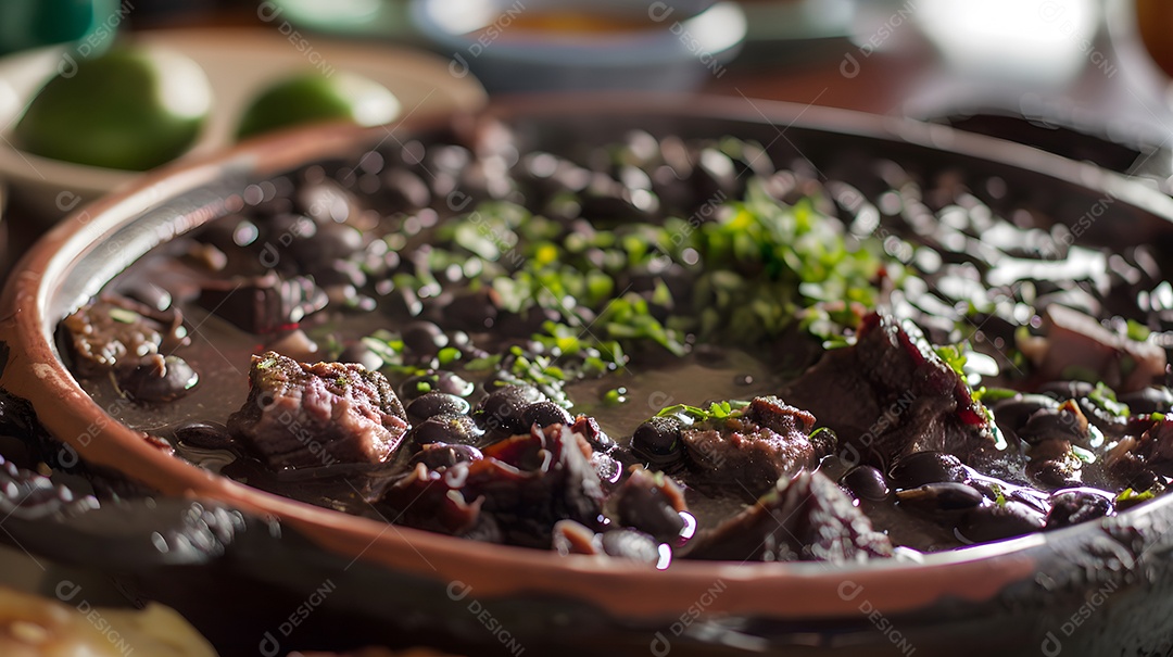 Deliciosa feijoada sobre uma mesa de madeira