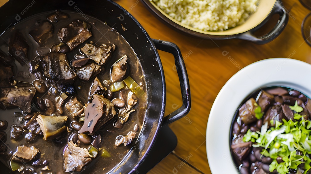Deliciosa feijoada sobre uma mesa de madeira