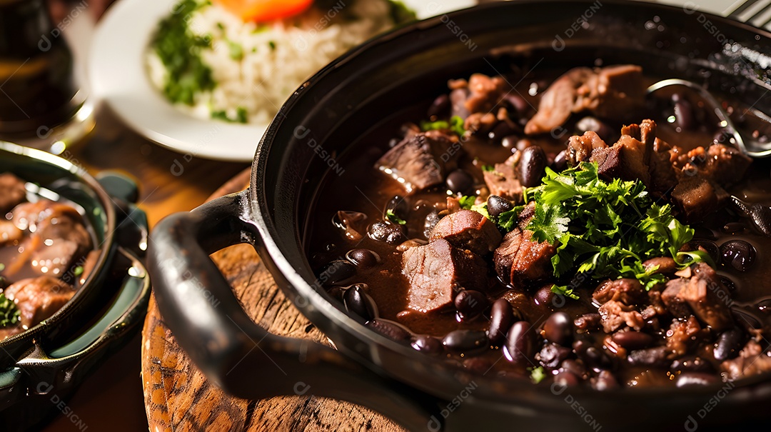 Deliciosa feijoada sobre uma mesa de madeira