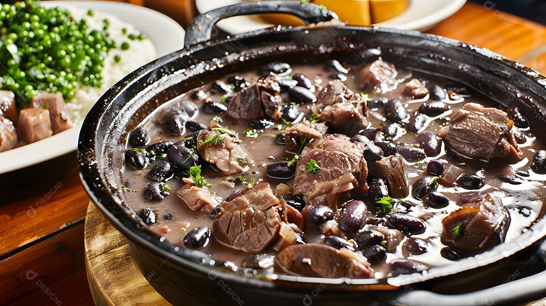 Deliciosa feijoada sobre uma mesa de madeira