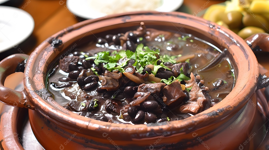 Deliciosa feijoada sobre uma mesa de madeira
