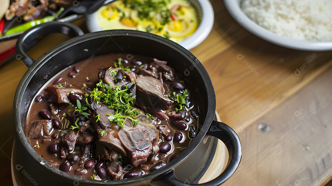 Deliciosa feijoada sobre uma mesa de madeira