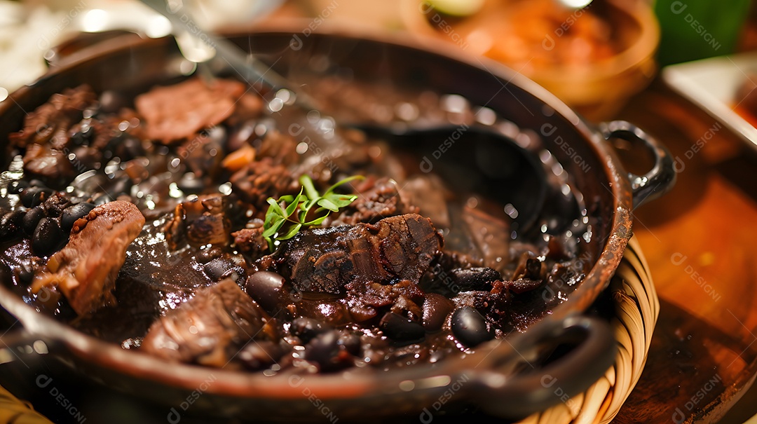Deliciosa feijoada sobre uma mesa de madeira