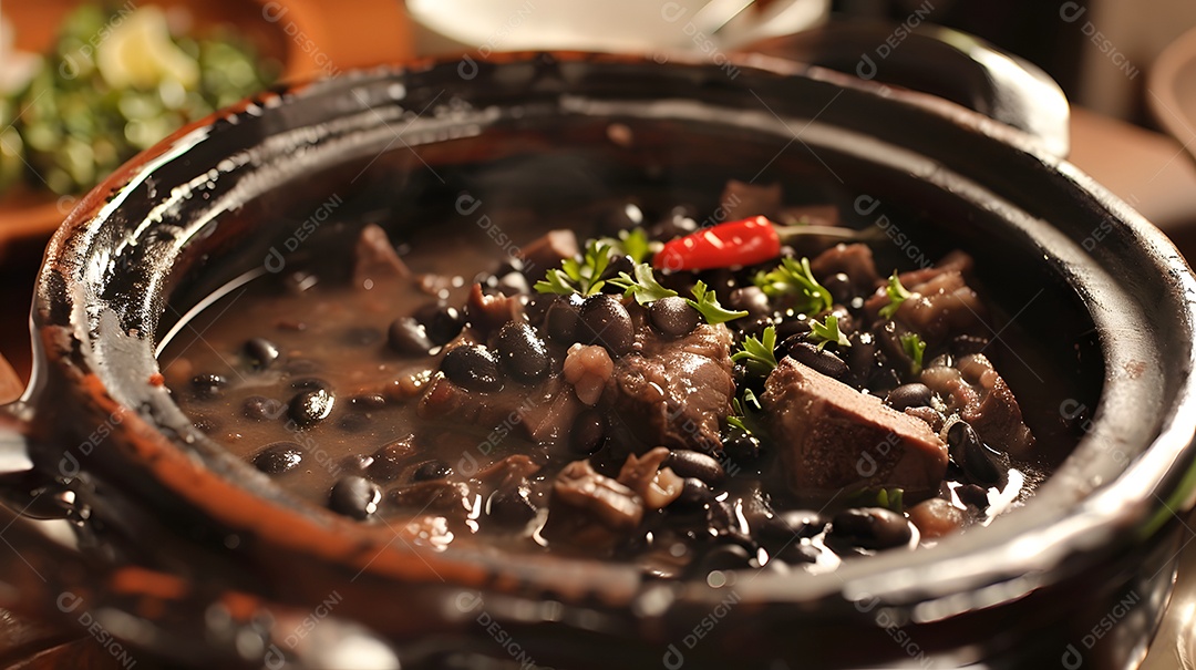Deliciosa feijoada sobre uma mesa de madeira