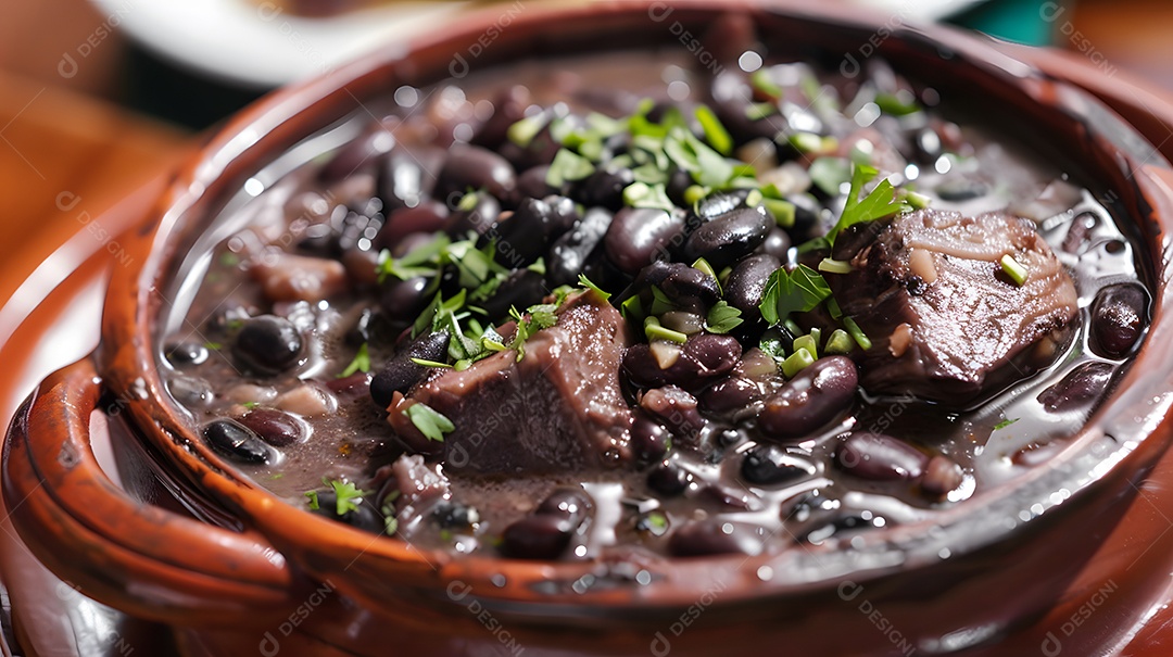 Deliciosa feijoada sobre uma mesa de madeira