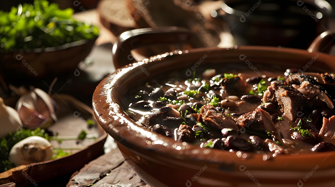Deliciosa feijoada sobre uma mesa de madeira