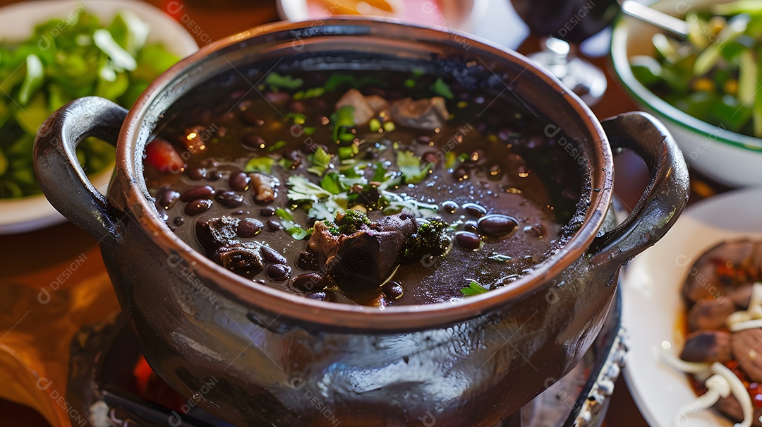 Deliciosa feijoada sobre uma mesa de madeira