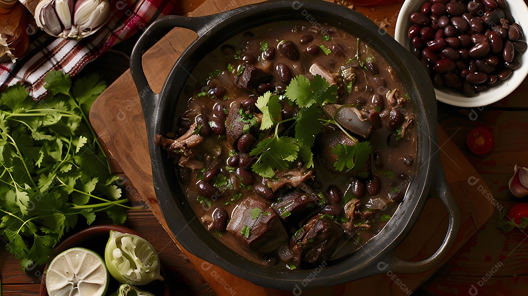 Deliciosa feijoada sobre uma mesa de madeira