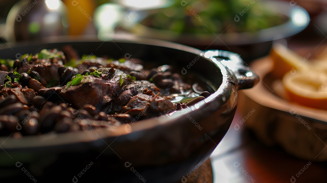 Deliciosa feijoada sobre uma mesa de madeira