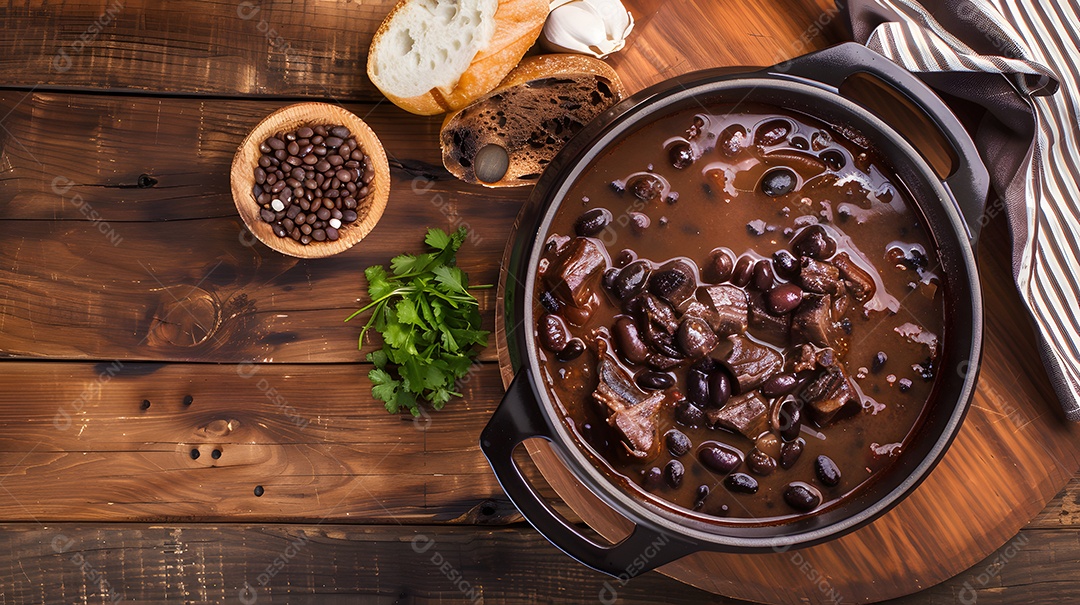 Deliciosa feijoada sobre uma mesa de madeira