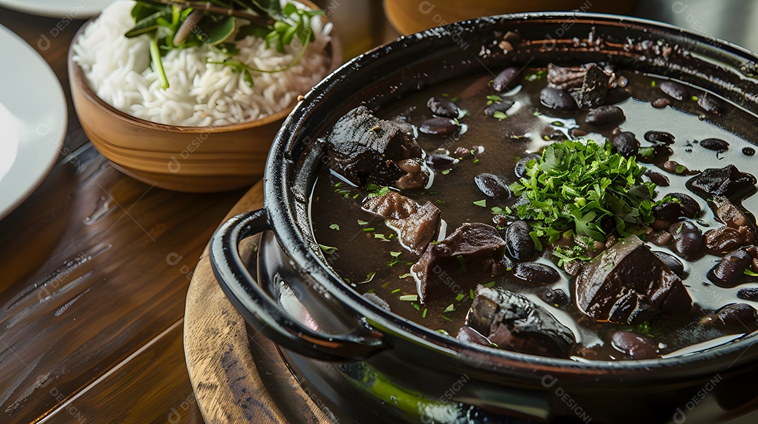 Deliciosa feijoada sobre uma mesa de madeira