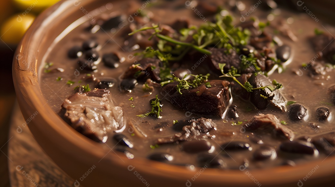 Deliciosa feijoada sobre uma mesa de madeira
